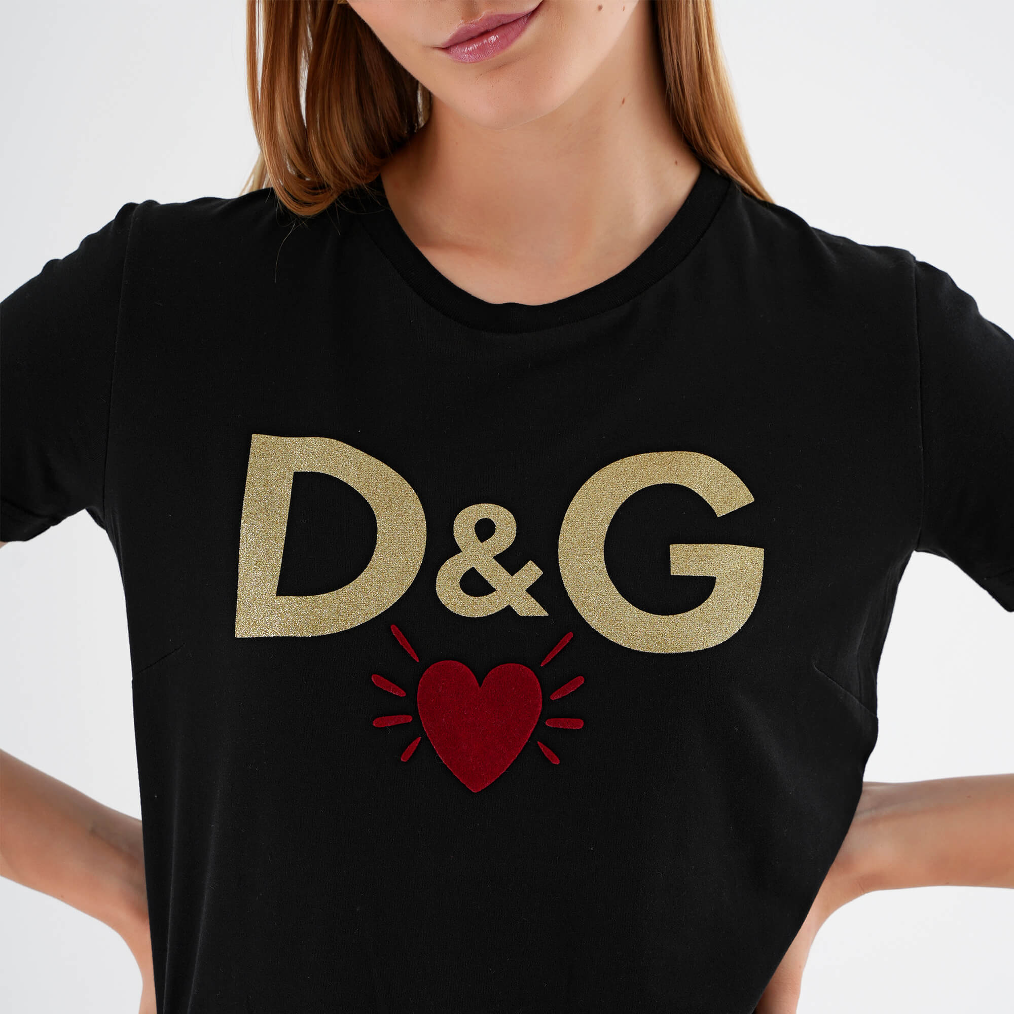 Dolce & Gabbana - Black & Gold Glitter Heart Logo Printed Tshirt IT42 